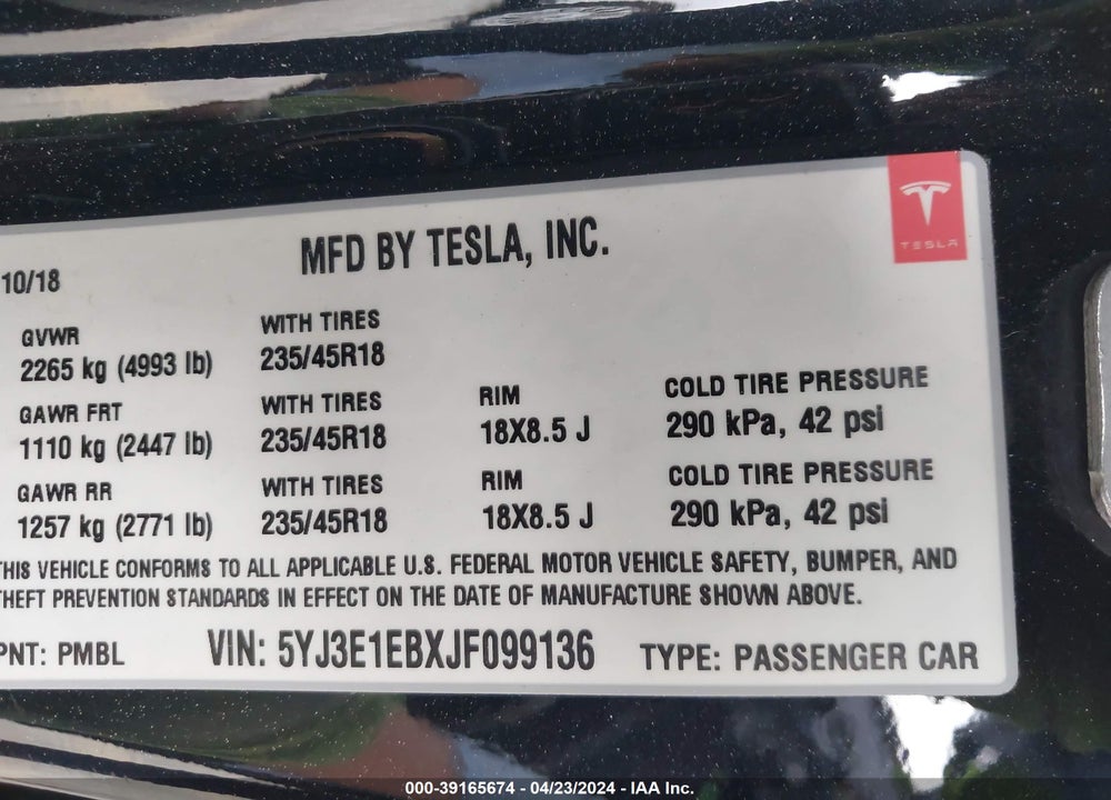 2018 TESLA MODEL 3 LONG RANGE/PERFORMANCE VIN: 5YJ3E1EBXJF099136