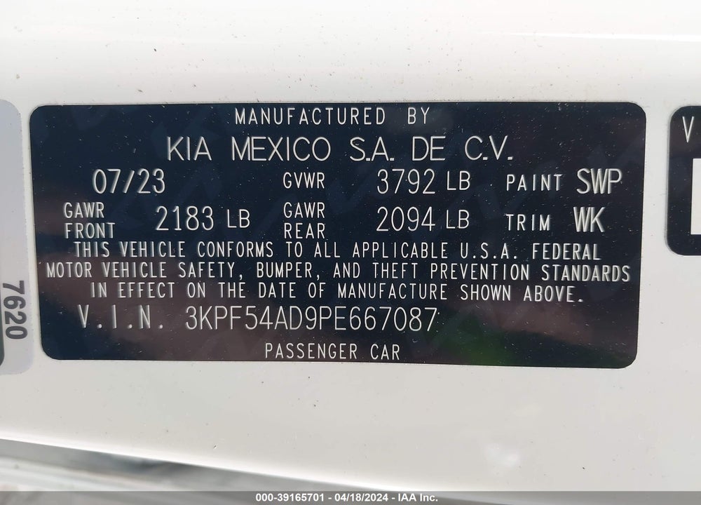2023 KIA FORTE GT LINE VIN: 3KPF54AD9PE667087