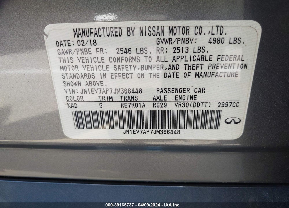 2018 INFINITI Q50 3.0T LUXE VIN: JN1EV7AP7JM366448