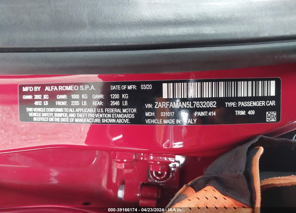 2020 ALFA ROMEO GIULIA VIN: ZARFAMAN5L7632082