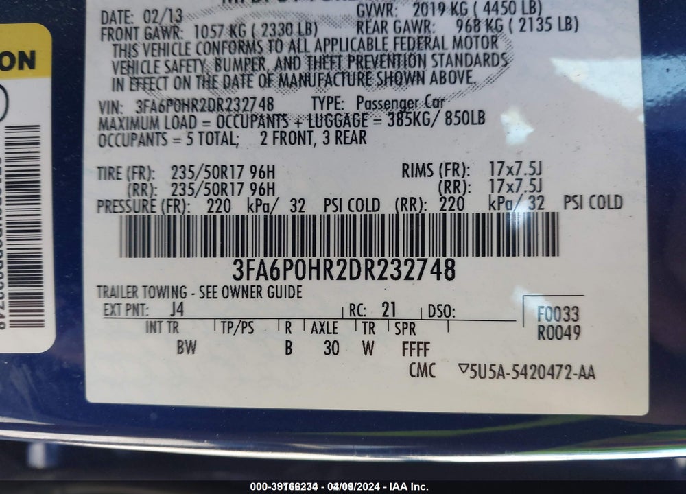 2013 FORD FUSION VIN: 3FA6P0HR2DR232748