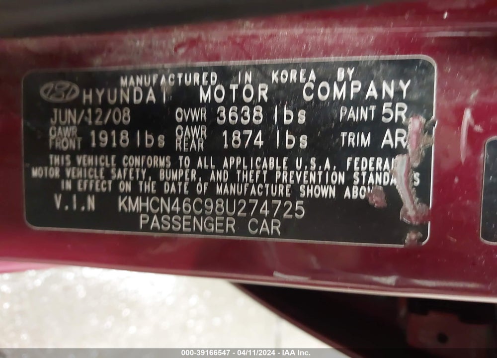 2008 HYUNDAI ACCENT GLS VIN: KMHCN46C98U274725