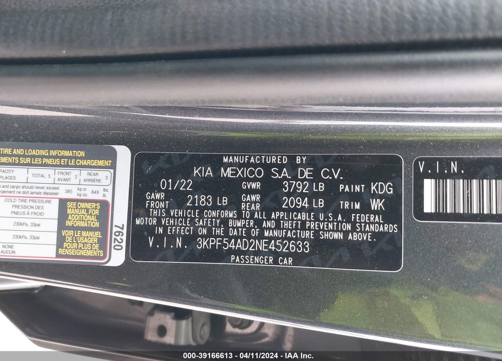 2022 KIA FORTE GT LINE VIN: 3KPF54AD2NE452633