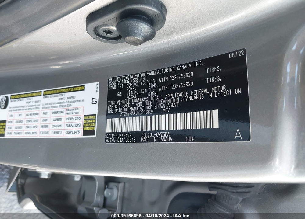 2022 LEXUS RX 350 VIN: 2T2HZMAA0NC256624