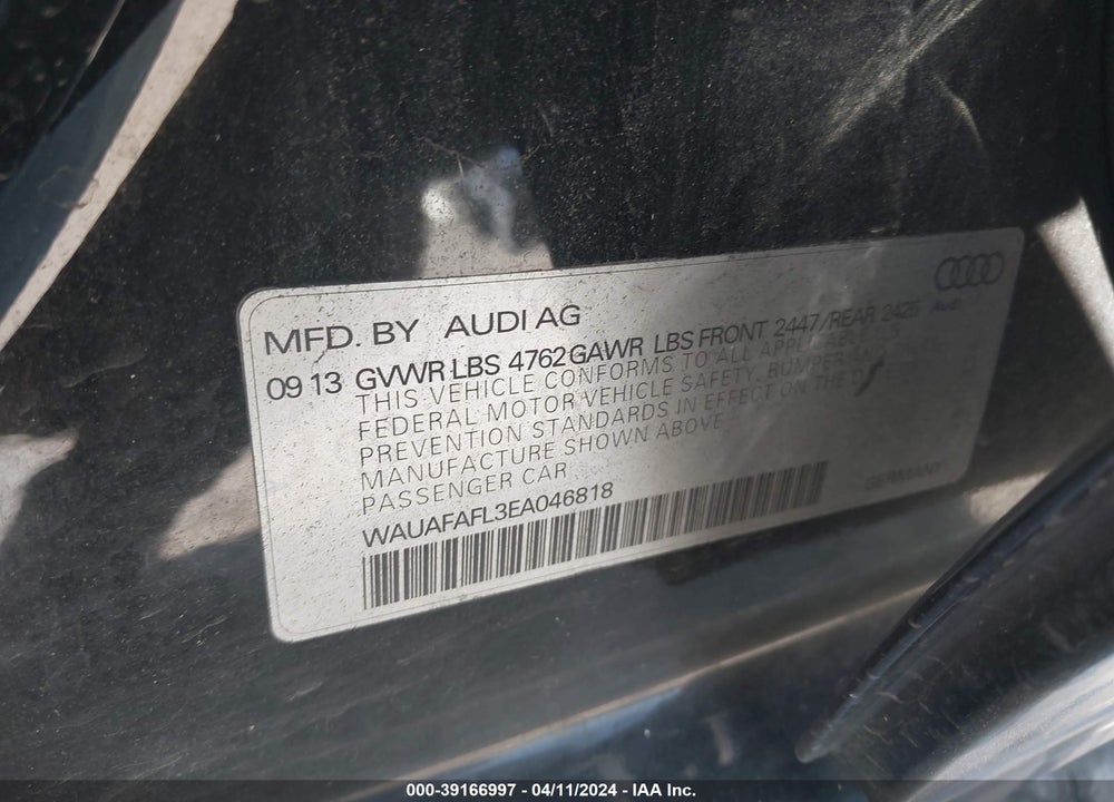 2014 AUDI A4 2.0T PREMIUM VIN: WAUAFAFL3EA046818