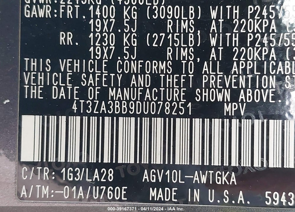 2013 TOYOTA VENZA VIN: 4T3ZA3BB9DU078251