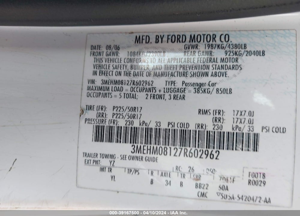 2007 MERCURY MILAN VIN: 3MEHM08127R602962