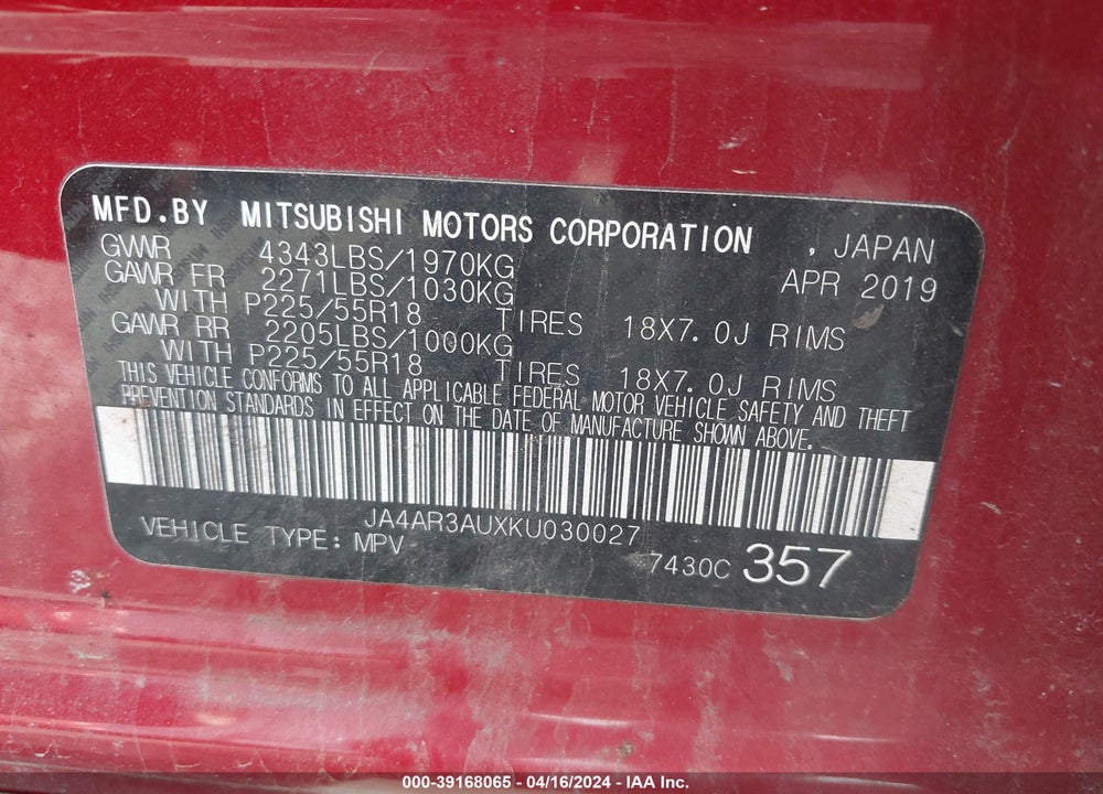 2019 MITSUBISHI OUTLANDER SPORT 2.0 ES VIN: JA4AR3AUXKU030027