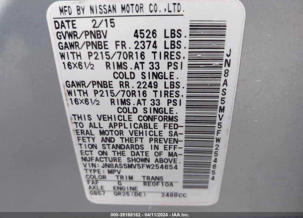 2015 NISSAN ROGUE SELECT VIN: JN8AS5MV5FW254654