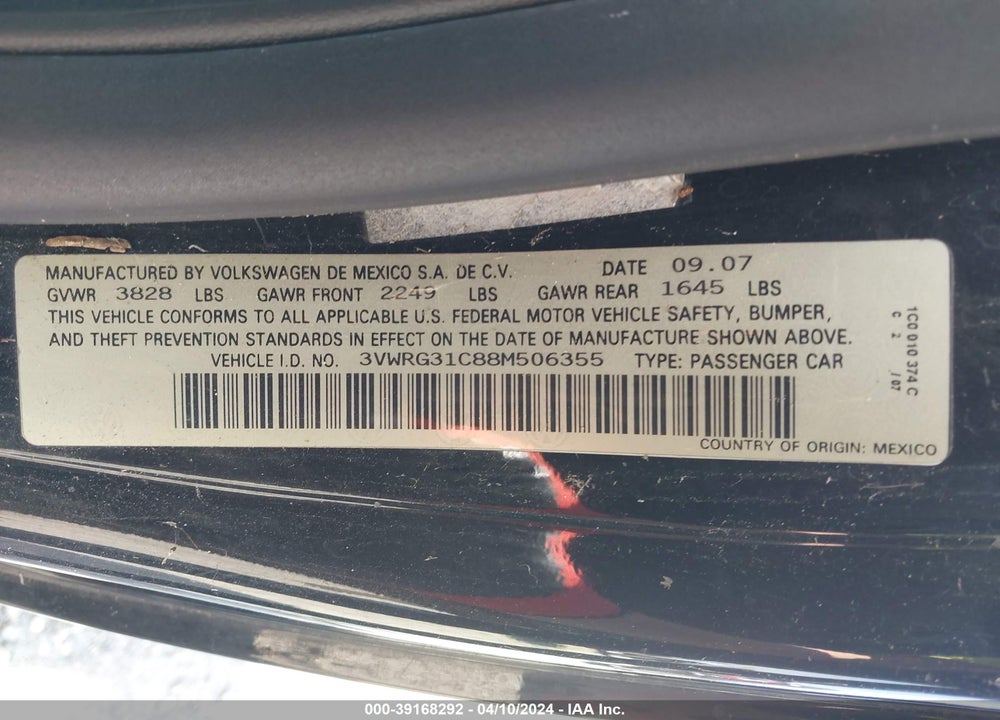 2008 VOLKSWAGEN NEW BEETLE COUPE S/SE VIN: 3VWRG31C88M506355