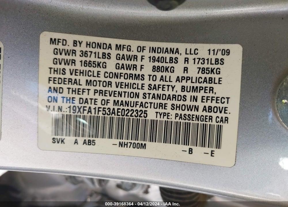 2010 HONDA CIVIC LX VIN: 19XFA1F53AE022325