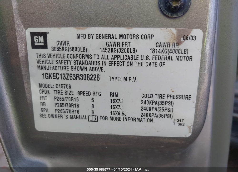 2003 GMC YUKON SLT VIN: 1GKEC13Z63R308226