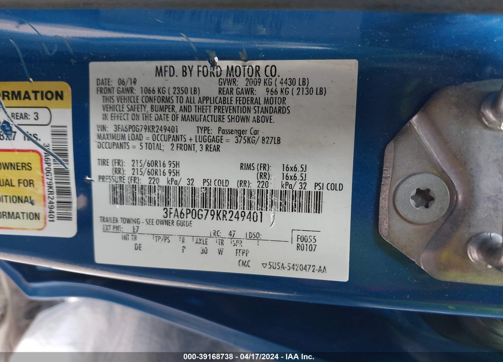 2019 FORD FUSION S VIN: 3FA6P0G79KR249401