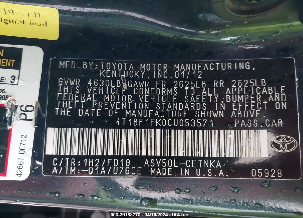 2012 TOYOTA CAMRY LE VIN: 4T1BF1FK0CU053571