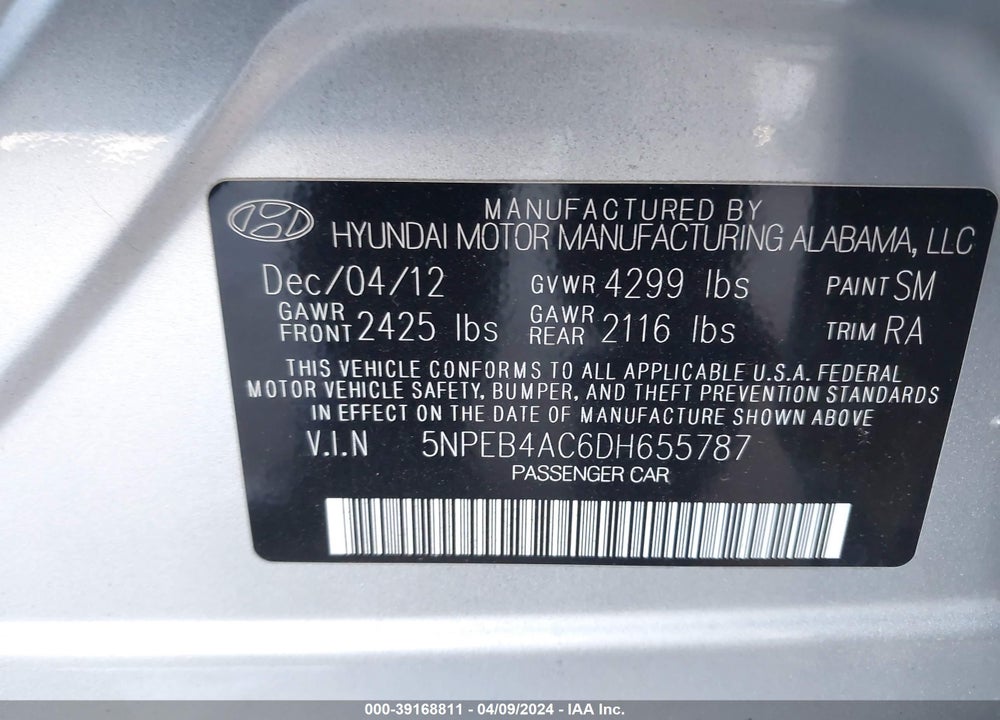 2013 HYUNDAI SONATA GLS VIN: 5NPEB4AC6DH655787