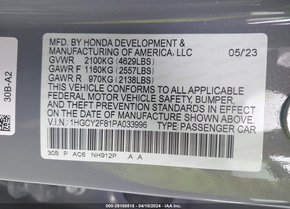 2023 HONDA ACCORD HYBRID TOURING VIN: 1HGCY2F81PA033996