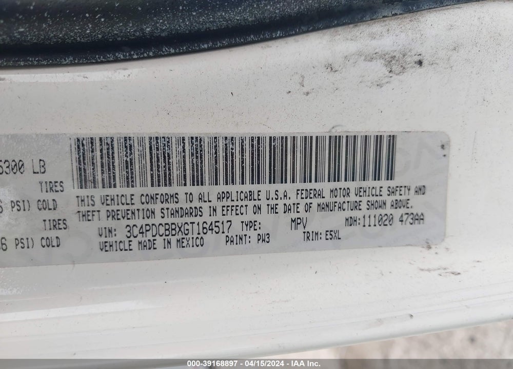 2016 DODGE JOURNEY SXT VIN: 3C4PDCBBXGT164517