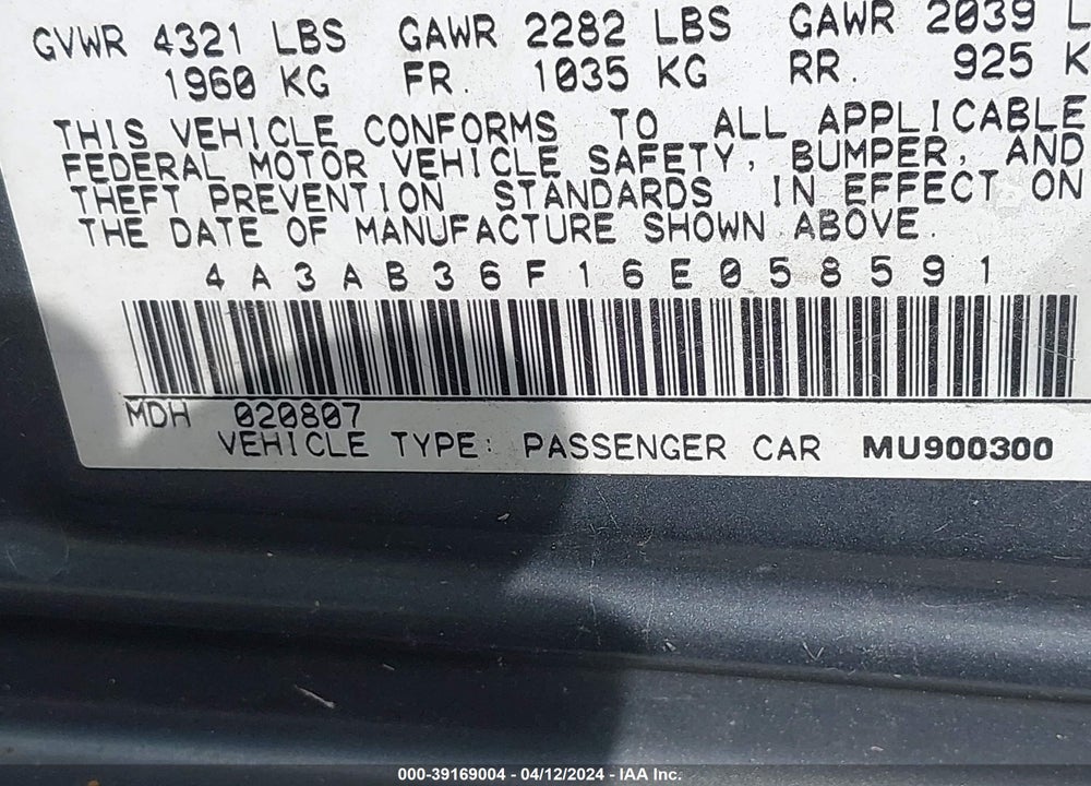 2006 MITSUBISHI GALANT ES/SE VIN: 4A3AB36F16E058591