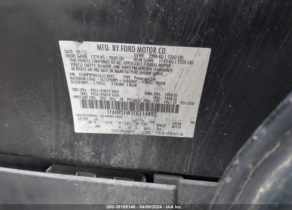 2012 FORD TAURUS LIMITED VIN: 1FAHP2FW7CG114892
