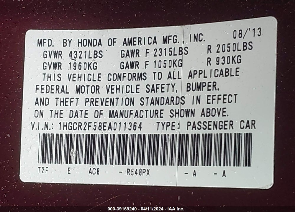 2014 HONDA ACCORD SPORT VIN: 1HGCR2F58EA011364