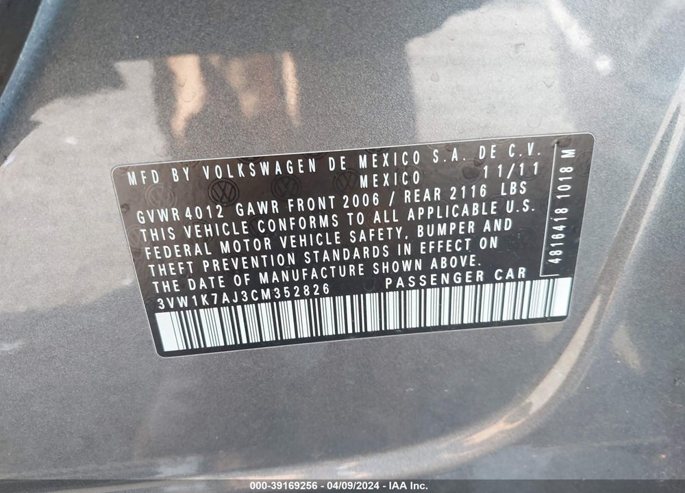 2012 VOLKSWAGEN JETTA 2.0L S VIN: 3VW1K7AJ3CM352826