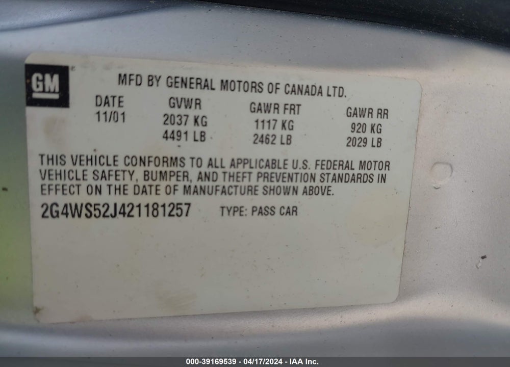 2002 BUICK CENTURY CUSTOM VIN: 2G4WS52J421181257