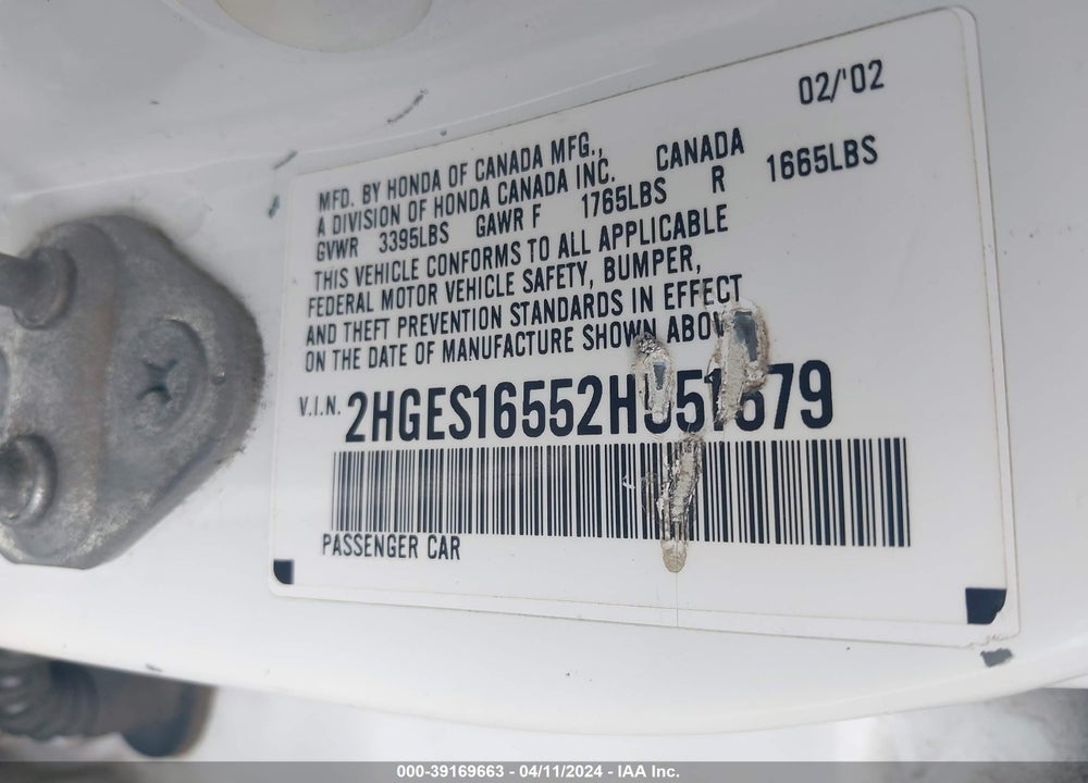 2002 HONDA CIVIC LX VIN: 2HGES16552H551579