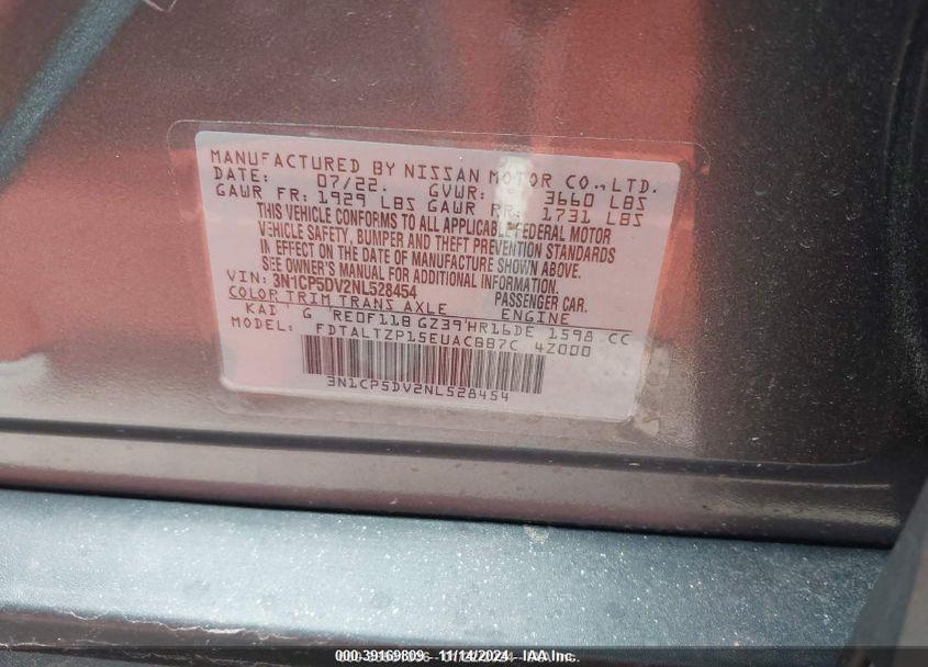 2022 NISSAN KICKS SR XTRONIC CVT VIN: 3N1CP5DV2NL528454