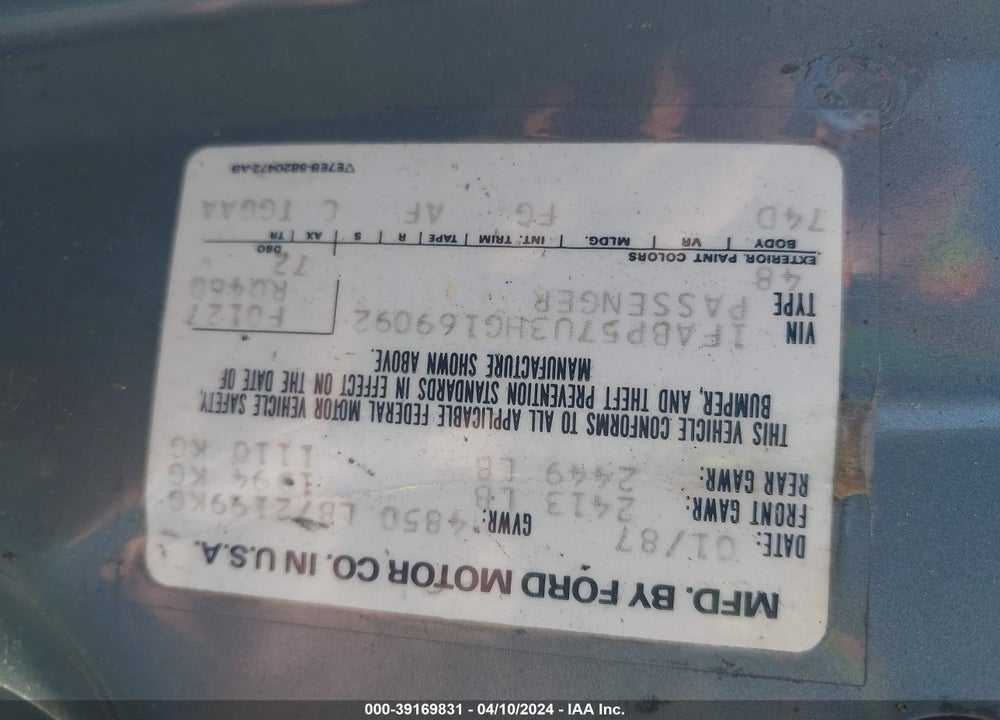 1987 FORD TAURUS GL VIN: 1FABP57U3HG169092