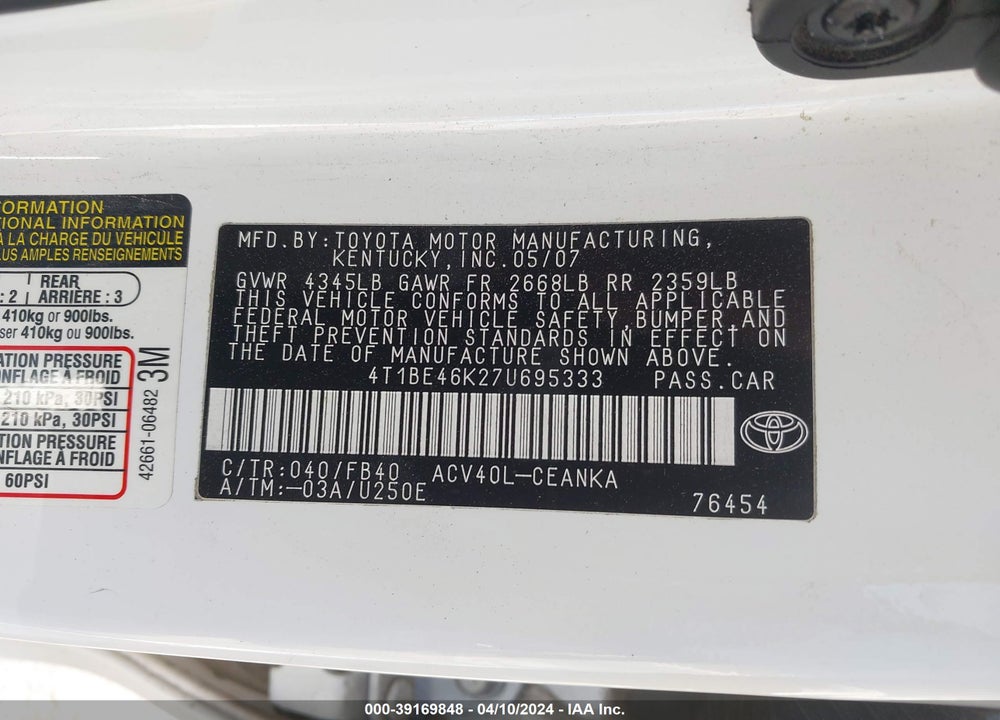 2007 TOYOTA CAMRY LE VIN: 4T1BE46K27U695333