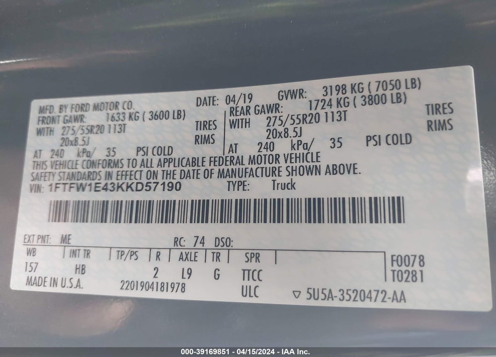 2019 FORD F-150 LARIAT VIN: 1FTFW1E43KKD57190