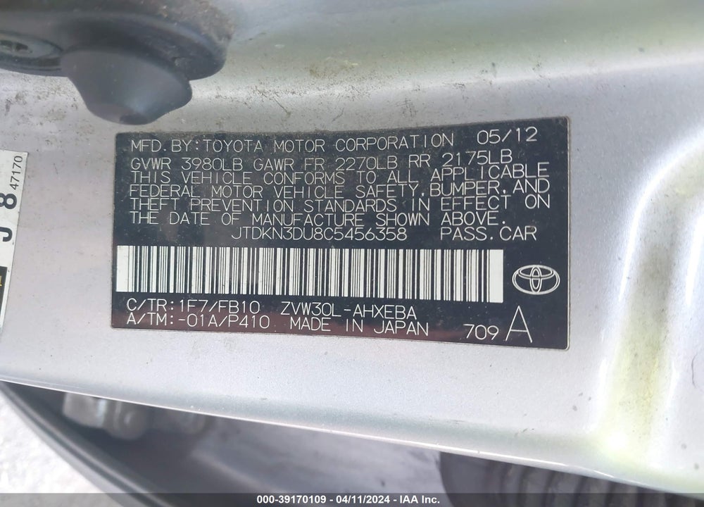 2012 TOYOTA PRIUS TWO VIN: JTDKN3DU8C5456358