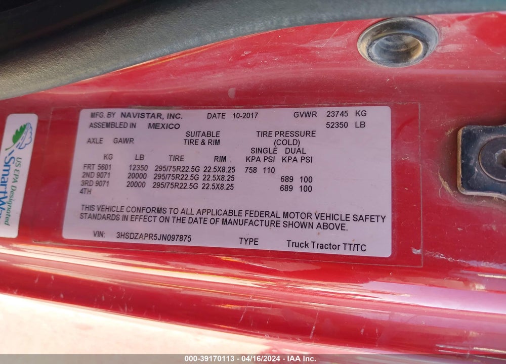 2018 INTERNATIONAL LT VIN: 3HSDZAPR5JN097875