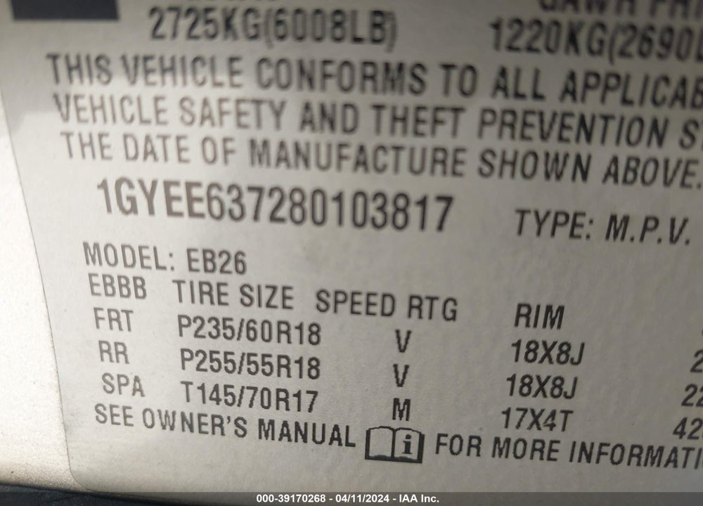 2008 CADILLAC SRX V6 VIN: 1GYEE637280103817