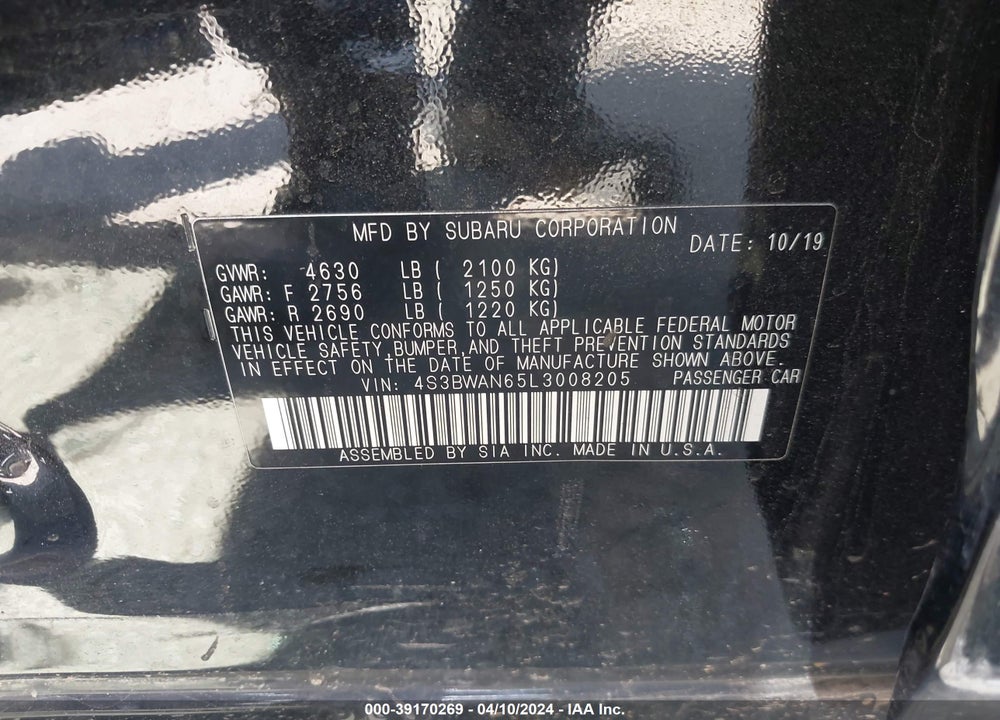 2020 SUBARU LEGACY LIMITED VIN: 4S3BWAN65L3008205