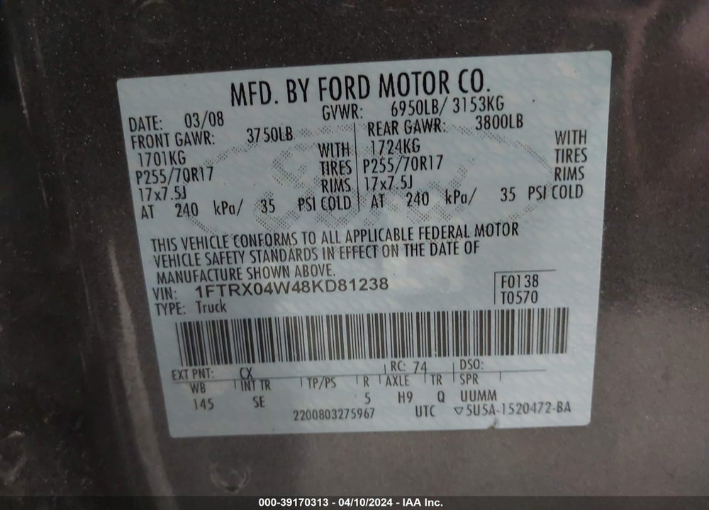 2008 FORD F-150 STX/XLT VIN: 1FTRX04W48KD81238