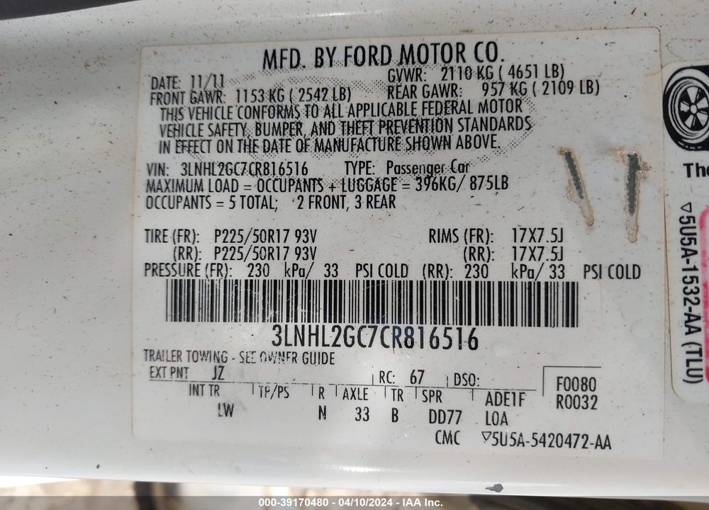 2012 LINCOLN MKZ VIN: 3LNHL2GC7CR816516