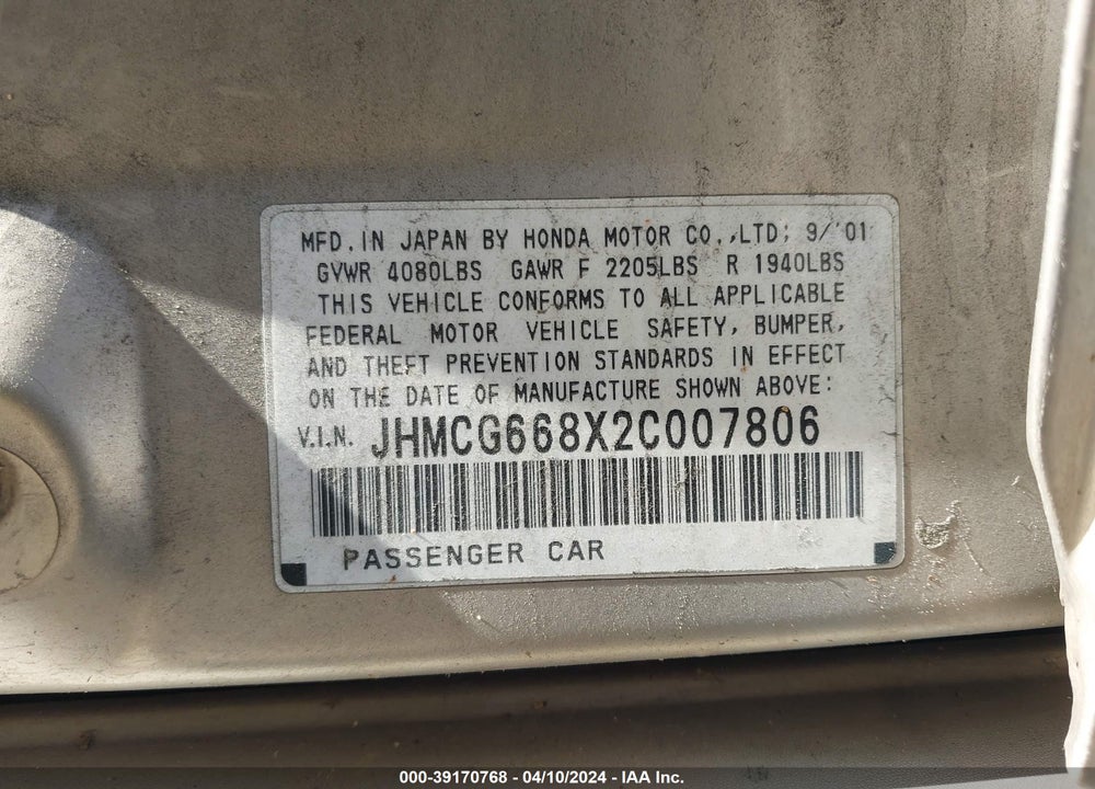2002 HONDA ACCORD 2.3 EX/2.3 SE VIN: JHMCG668X2C007806