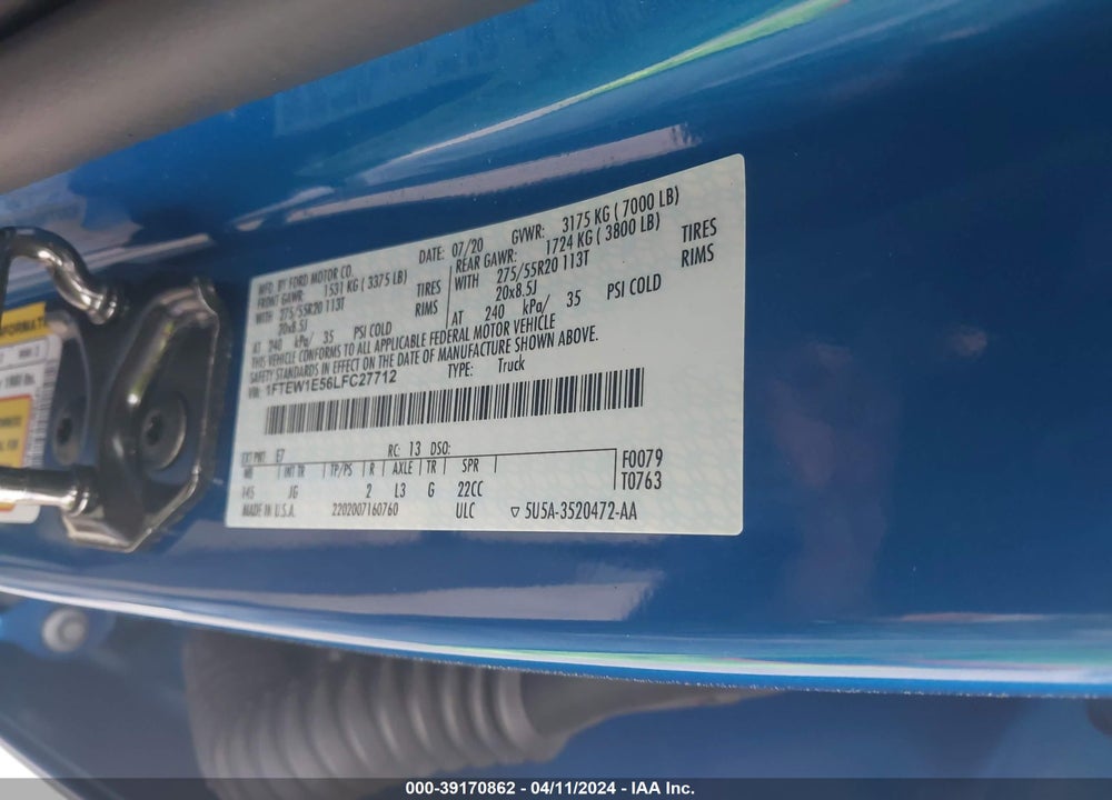 2020 FORD F-150 XL VIN: 1FTEW1E56LFC27712