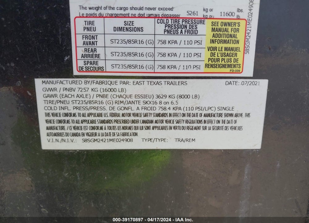 2021 TEXAS TRAILER SERVICE CO WORK TRAILER VIN: 58SGM2421ME024908