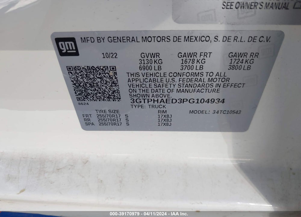 2023 GMC SIERRA 1500 2WD SHORT BOX PRO VIN: 3GTPHAED3PG104934