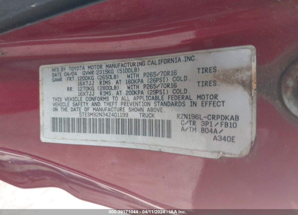 2004 TOYOTA TACOMA PRERUNNER VIN: 5TESM92N34Z401199