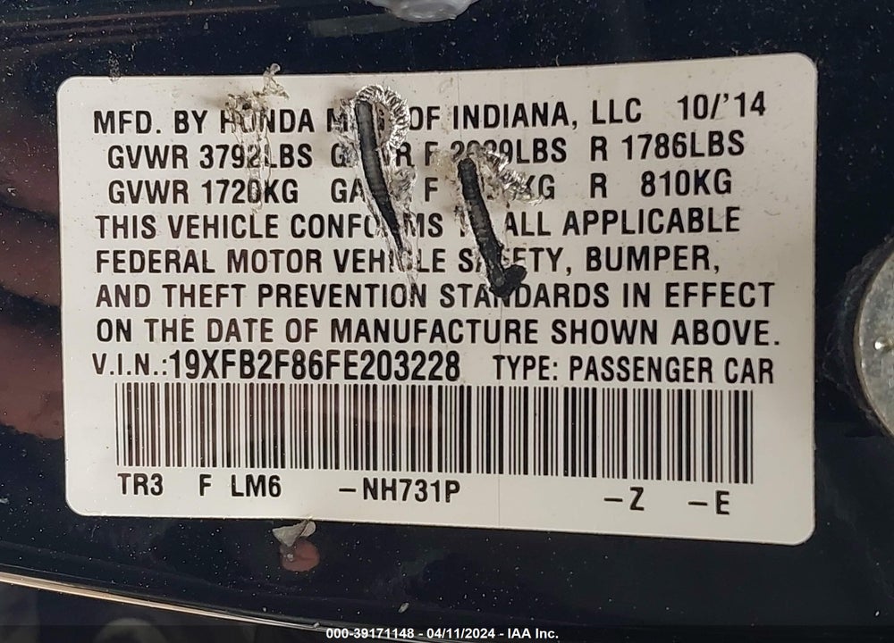 2015 HONDA CIVIC EX VIN: 19XFB2F86FE203228
