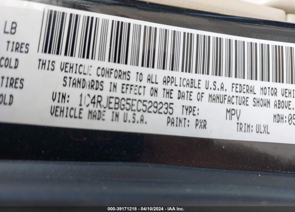 2014 JEEP GRAND CHEROKEE LIMITED VIN: 1C4RJEBG5EC529235