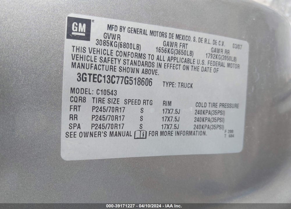 2007 GMC SIERRA 1500 SLE1 VIN: 3GTEC13C77G518606