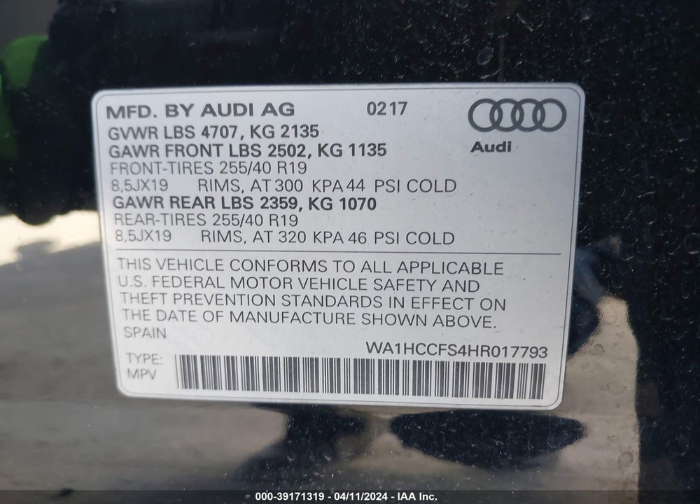 2017 AUDI Q3 2.0T PREMIUM VIN: WA1HCCFS4HR017793