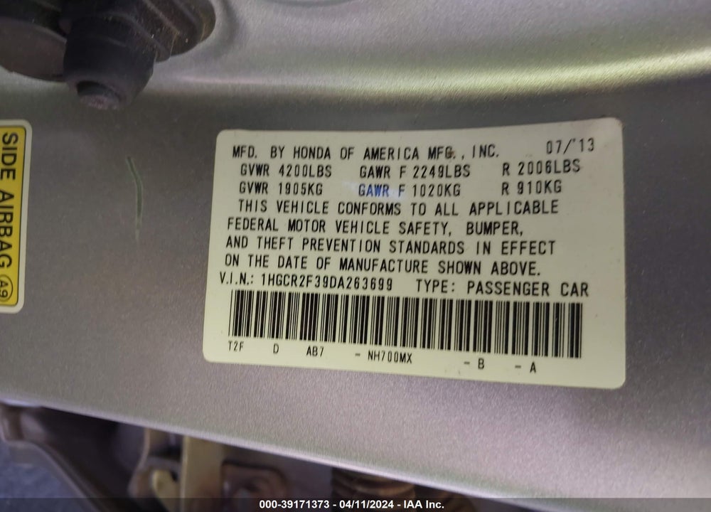 2013 HONDA ACCORD LX VIN: 1HGCR2F39DA263699