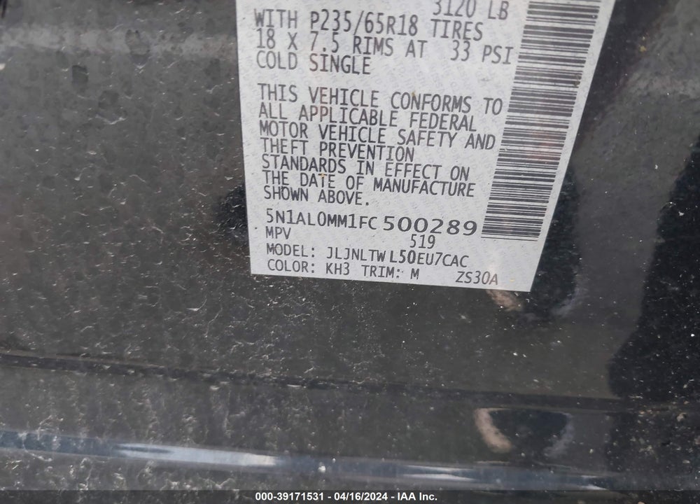 2015 INFINITI QX60 VIN: 5N1AL0MM1FC500289