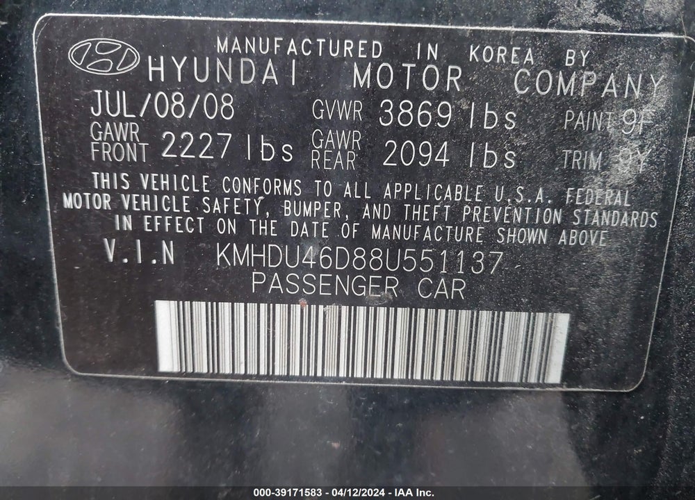 2008 HYUNDAI ELANTRA VIN: KMHDU46D88U551137