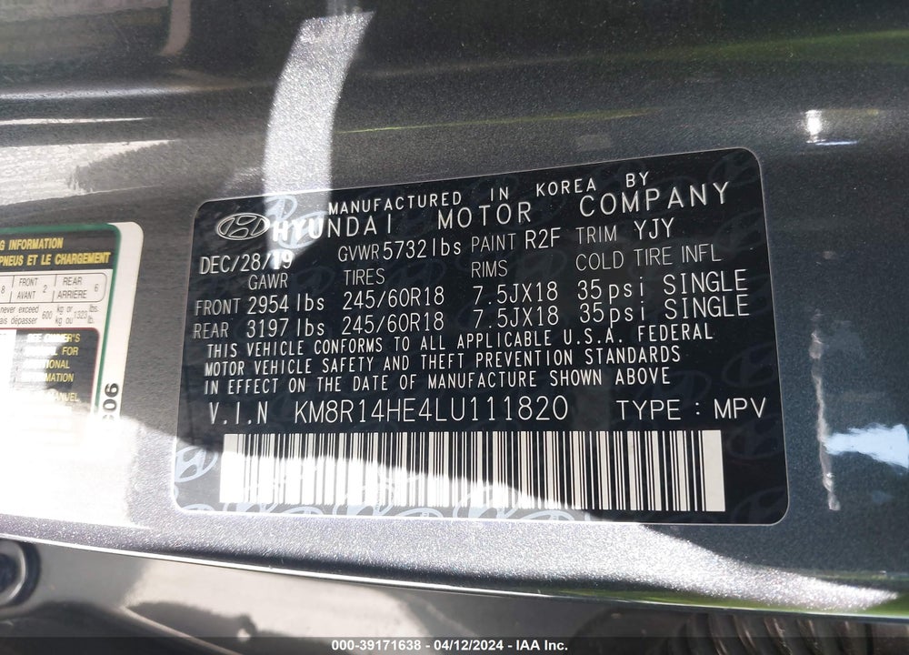 2020 HYUNDAI PALISADE SE VIN: KM8R14HE4LU111820